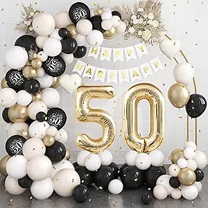 50th Birthday Decorations Black Gold Sand White,50th Balloon Arch Garland Kit With Champagne Gold Number 50 Balloons Happy Birthday Banner for Women Men 50 Party Decoration