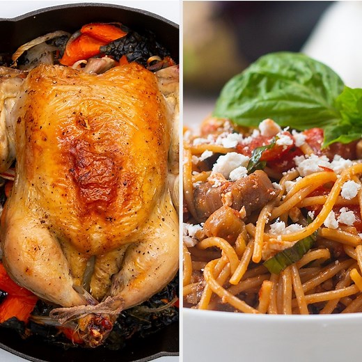 3.3M views · 802 reactions | Look forward to dinner at the end of your weekday with these 4 delicious dinner recipes! Get the little green brush we used to brush on the olive oil in our roasted chicken recipe, along with the rest of our mini tool kit: https://bzfd.it/2Xqr0Lr | Goodful | Facebook