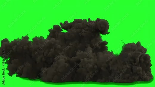 A realistic black smoke explosion effect rising and expanding against a green screen background. Keywords: smoke, explosion, black smoke, fire, blast, bomb, explosion effect, green screen, chroma key,