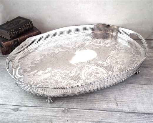 Long Vintage Silver Plated Galleried and Chased Serving Tray With Legs/ Butler's Tray With Legs / Ornate Drinks Tray - Sheffield England - Etsy