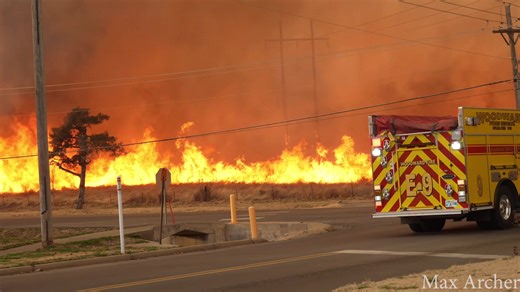 More video from the 43 Fire in Woodward, Oklahoma on Tuesday evening. This fire was fueled by extremely dry and very windy conditions which allowed this fire to take off and move as fast as it did. Originally, the 43 Fire was originally moving more northeast, but at last minute, a windshift occured and it took a more easterly path and I think that slowed it down a bit and they might've been able to stop it. Also note the INCREDIBLE amount of fire whirls there were and how TALL they got as the fi