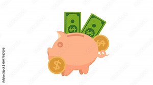 4K video Money Footage with paper money or dollar coins and Piggy bank on White Screen Background. 4k video animated concept of spending money or Money saving concept