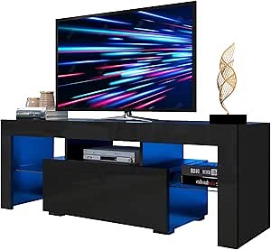 LED TV Stand for 55 inch TVs, Black TV Console with 20 Color LED Lights, High Gloss Entertainment Center with Storage Drawer and Glass Open Shelf, Television Stands for Gaming, Living Room, Bedroom