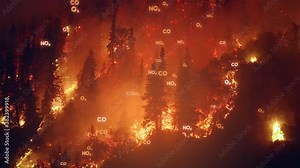 Wildfires causing air pollution, a forest fire burning and no2,co,o3 particles rising to the atmosphere, causing Global warming and climate change