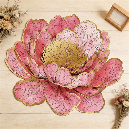 Peony Flower Wooden Jigsaw Puzzle | Irregular Cut Pink Floral Art (approx. 136 Pieces) - Etsy
