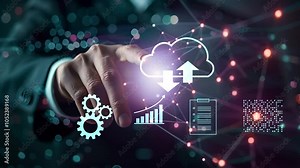 Businessman computer tablet cloud storage document management, online cloud computing database, file storage system digital transformation technology, file access, doc sharing data analysis