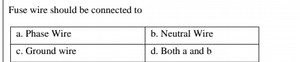 Fuse wire should be connected to\begin{tabular} { | l | l | } ... | Filo