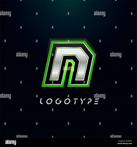 Letter N for video game logo and super hero monogram. Sport gaming emblem, bold futuristic letter with sharp angles and green outline. Tilted sharp letter type on black background Stock Photo - Alamy
