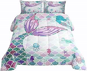 Mermaid Tail Bedding Set,Nautical Sea Animal Down Comforter King Size for Kids Child,Fish Scale Sparkle Sequins Comforter Set Ocean Sealife Quilted Duvet Paillette Bedroom Decor,Multicolor