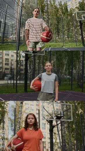 Vertical split screen shot of three teenage girls posing separately on urban outdoor court all looking at camera, social media ready