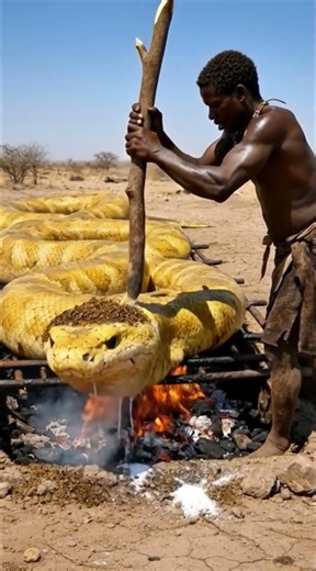 Cooking a GIANT Yellow Snake Over Fire | Primitive Survival Cooking