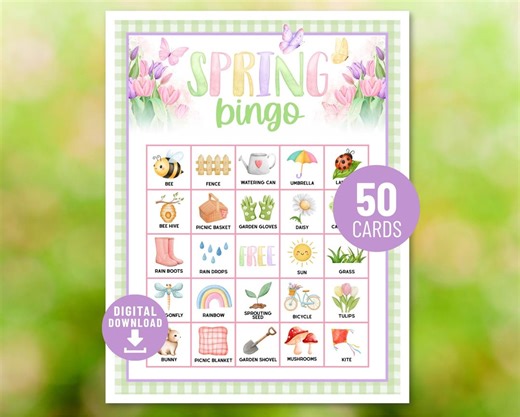 Spring Bingo, 50 Cards Spring Printable Bingo Game, Digital Download, Easter Party Activity Adults Seniors Kids | B0015 - Digital File Only - Etsy