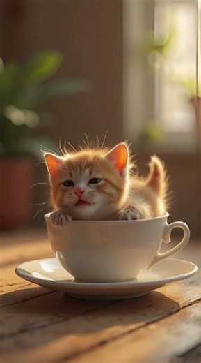 A baby kitten sleeping inside a teacup while its tail moves slowly