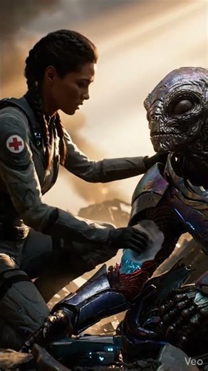 Human treats an enemy alien soldier’s wounds after battle