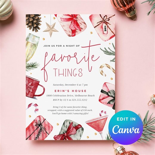 Favorite Things Holiday Party Invitation, Editable Canva Template, Christmas Gift Exchange Invite Printable - Etsy