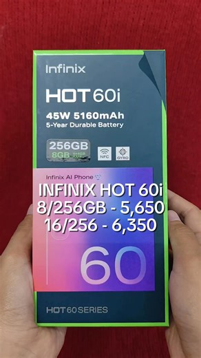 INFINIX HOT 60i Storage: 8gb RAM | 256gb ROM - 5,650 only 😮 Storage: 16gb RAM | 256gb ROM - 6,350 only 😮 Display: 6.7" Resolution: 720x1600 pixels Chipset: Mediatek Helio G81 Ultimate (12 nm) CPU: Octa-core (2x2.0 GHz Cortex-A75 & 6x1.8 GHz Cortex-A55) GPU: Mali-G52 MC2 OS: Android 15 Battery Capacity: 5160 mAh 45W Supported Front Camera: 8 MP Rear Camera: 50 MP Side-mounted Fingerprint Sensor Inclusions: Case Charger Sim Ejector MESSAGE US FOR ORDERS 🥰 #BodegaPrice #BODEGASALE #GadgetSale #g