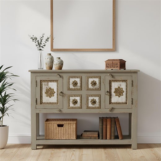 Solid Wood Mid Century Console Table 45" With Drawers | Distressed Light Green French Style Brass Accent Cabinet | Unique Entryway Furniture - Etsy