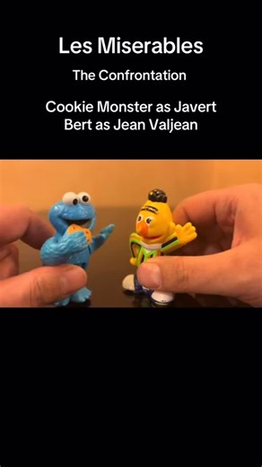 Sesame Shakespeare on Instagram: "A little Les Miserables for folks this morning. The confrontation! Cookie Monster is javert and Bert is Jean Valjean. I cast mostly based on voice lol but when I posted this to my tiktok I got some feedback that the roles should be switched. What do you think? #sesamestreet #musical #lesmiserables #cookiemonster #bert #musicaltheatre #theconfrontation"