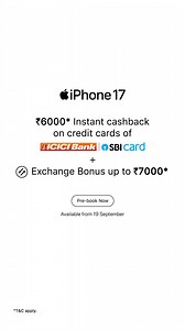 5.7K views | iPhone 17. Capture super-high-resolution shots by default with the advanced 48MP Dual Fusion camera system. Pre-book iPhone 17 and get ₹6000* instant cashback on credit cards of ICICI Bank and SBI Card at launch. Visit your nearest Apple Authorised Store today. To know more, go to https://www.indiaistore.com/iphone-17 *T&C Apply. | IndiaiStore | Facebook