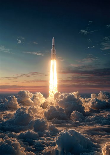 'Rocket Launch Through Clouds' Poster, picture, metal print, paint by Mad Viking Studio | Displate
