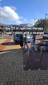 day 137: trade t-shirts with a stranger I actually cannot believe I got a yes for this request! how cool is that?!? XP is officially the first ever owner of a @7kdebt shirt :) ima make the brand blow up so the value of that shirt becomes priceless one day. Btw thanks for 200k! stoked to have so many of you following the journey. timing is kinda perfect bc I just dropped these shirts today as well, so consider that the 200k celebratory gift x #rejectiontherapy #rejection #askingstrangers #fyp #st