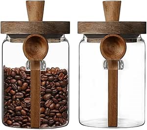 ANSQU Set of 2 Glass Food Storage Jars with Woodens Lid and Spoons, 20.3oz Glass Kitchen Canisters for Coffee, Tea, Cereal, Spice and Canning, Mason Jars, Cute Jars