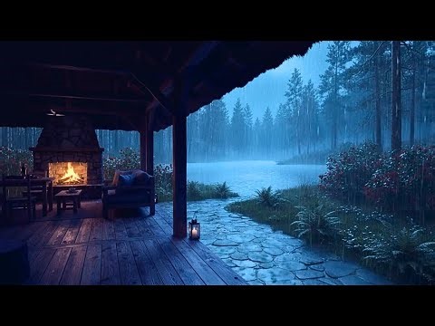 Cozy Forest Porch in Heavy Rain with Fireplace | Mind Reset Ambience with Rain and Thunder Sounds