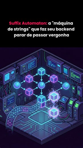 @geek2code_br on Instagram: "Suffix Automaton é aquela “máquina de strings” que faz você parar de tratar texto como um probleminha fofo. Em backend de busca, detecção de padrões, deduplicação, análise de logs ou qualquer coisa que pareça “texto grande com muitas consultas”, ele vira o atalho entre um sistema elegante e um sistema que morre em O(n²). Ele é um autômato mínimo que representa todas as substrings de uma string, construído online em tempo linear. Pensa num bibliotecário teimoso. A cad