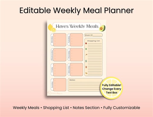 Editable Weekly Meal Planner | Grocery Shopping List Template | Meal Prep Family Dinner | Organized Meals | Customizable Canva Template - Etsy