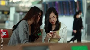 Two Asian women check their passports before boarding a plane at the airport