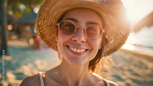 good looking female tourist. Enjoy free time outdoors near the sea on the beach. Looking at the camera while relaxing on a clear day Poses for travel selfies smiling happy tropical