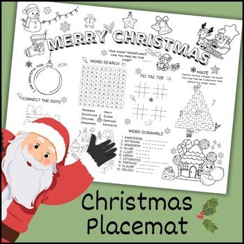 Christmas Coloring Placemat | Kids Holiday Activity Mat | Word Search, Maze, Fun