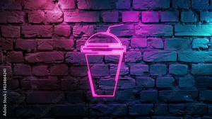 Video footage of Pink glowing Milkshake Cup Icon neon icon on brick wall background. Looped Neon abstract Lines. Laser Pictogram animation. Seamless loop. 4k video.