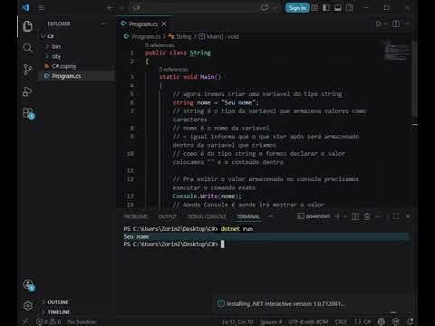 Criando uma variável tipo String com C# no Visual Studio Code