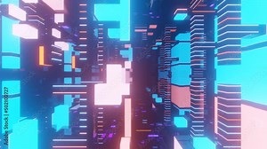 Fly through technology cyberspace with neon glow. Abstract blocks. Sci-fi flight through hi-tech technology tunnel. Hologram and neon light. 3d looped seamless 4k bright background. Data flow