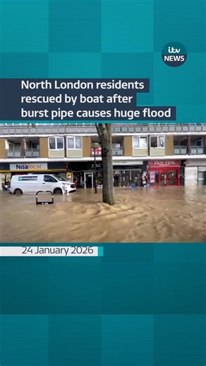 People living around Caledonian Road in Islington were carried from their homes and rescued by boat after a burst Thames Water main caused extensive flooding. | ITV London
