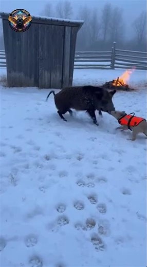 Boar Playing With Dogs In Snow