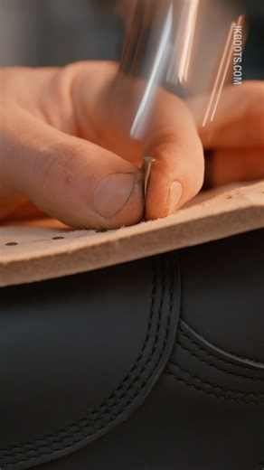 When our boot materials are this thick and sturdy… we’re going to need some nails to secure it all together. Nails get driven into the leather midsole, and then hit a metal plate on the bottom of the boot mold, which bends the nails back into the midsole, locking all the layers in place. Crafting real boots by real people, here in the USA #jkboots #workboots #handmade | JK Boots