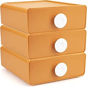 Ukwell Plastic Desktop Storage Drawers Stacking 3 Drawers Container Decorative Small Organizer Box for Desk Dresser (Orange)