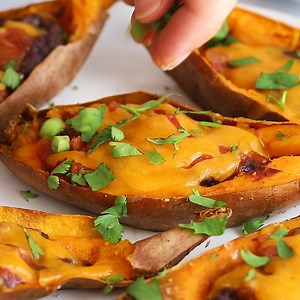 21K views · 338 reactions | These cheesy baked sweet potato skins are loaded with refried black beans, salsa and cheddar cheese. This easy sweet potato recipe needs just a few ingredients but it tastes SO good! https://www.skinnytaste.com/baked-sweet-potato-skins/ | Skinnytaste | Facebook