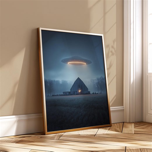 UFO Farm Poster – Alien Spaceship Over Barn – Sci Fi Landscape Art – Surreal Rural Wall Decor - Etsy