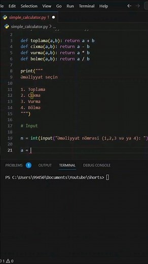 🐍 Pythonla 30 Saniyədə Kalkulyator Hazırlamaq... #shorts #python #proqramlaşdırma