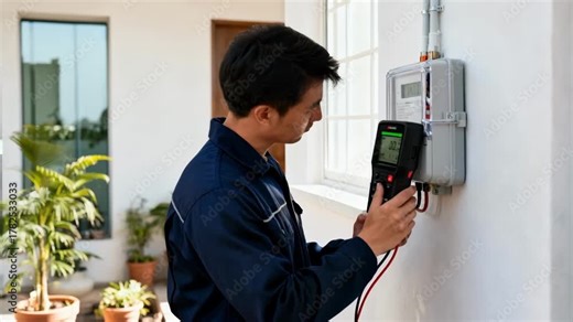 Technician using handheld digital device to remotely capture residential utility meter readings ensuring accuracy and efficiency without manual access.