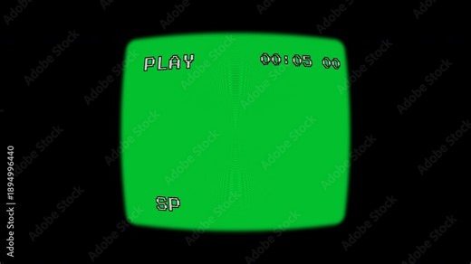A vintage VHS viewfinder overlay features a chroma green screen center, framed by a black vignette with realistic scanlines, "PLAY" text, and a running digital timecode for retro video effects