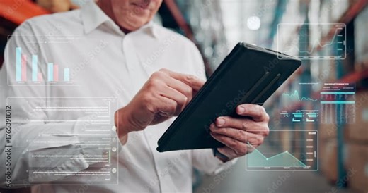 Hands, overlay and tablet with person in warehouse for inventory, stock or storage management. App, digital data and supply chain statistics with employee man in depot for logistics or planning