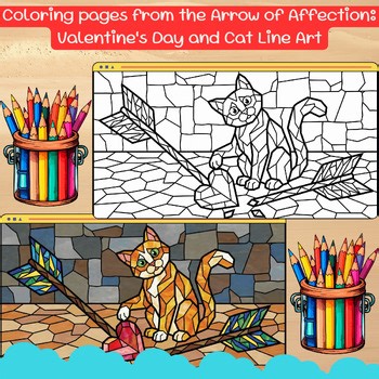 Coloring pages from the Arrow of Affection: Valentine's Day and Cat Line Art