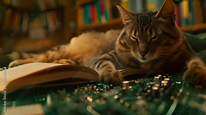 Tabby Cat Asleep on Book and Circuit Board with Ai generated.