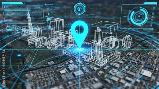 High tech aerial city map with glowing blue location pin over satellite view, holographic wireframe buildings and radial targeting grid, digital navigation overlay pinpointing urban district with