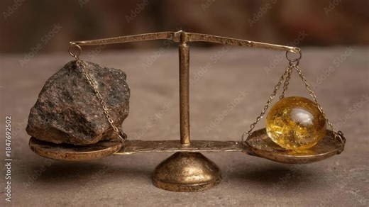 A vintage brass balance scale balancing a rough rock on one pan and a yellow gemstone on the other.