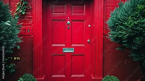 This striking red front door embodies charm and character, flanked by neatly trimmed bushes in a peaceful urban setting, inviting visitors to explore further